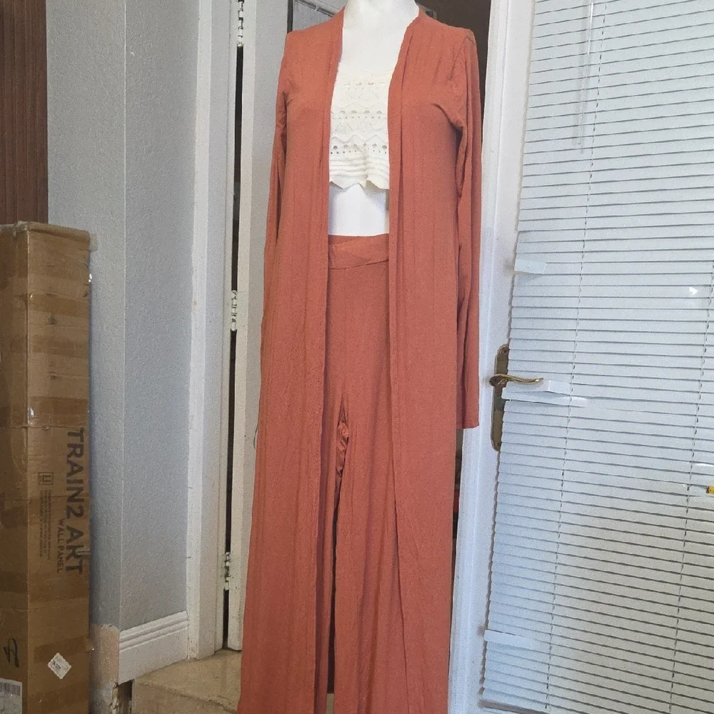 Rust Orange Long Cardigan and Pants Set Medium Size 3 Pieces[1115]